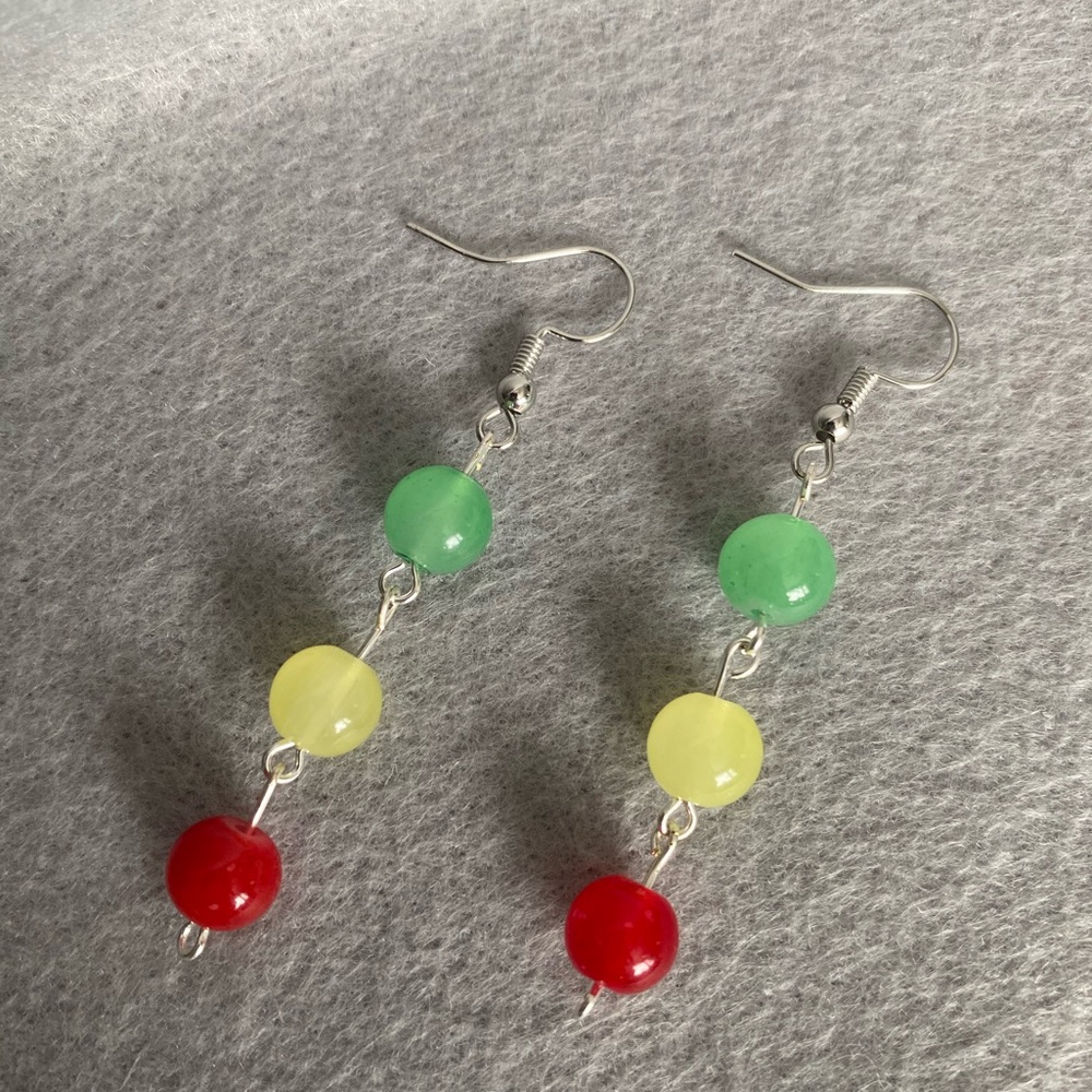 Hand crafted green yellow and‎ red long dangle earrings